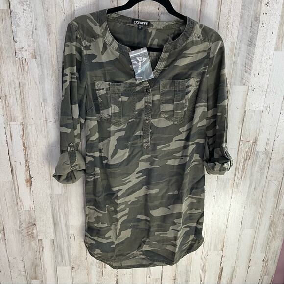 NWT Express Camouflage Camo Shirt Dress Mini - Picture 1 of 6